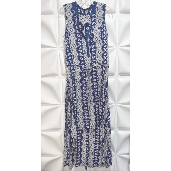 Tolani Sz S 100% Silk Blue High Low Maxi Dress Aztec Tribal Print Drawstring - Picture 3 of 9